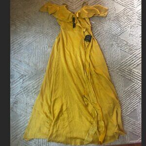 Lulu's Moriah Mustard Yellow Satin Wrap Maxi Dress